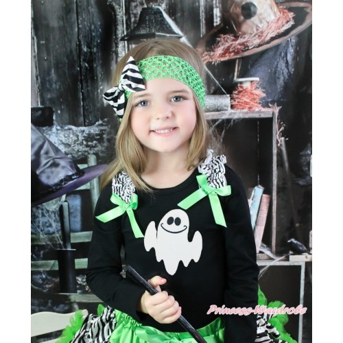 Halloween Black Long Sleeves Top Zebra Ruffles Dark Green Bow & White Ghost Print TO383